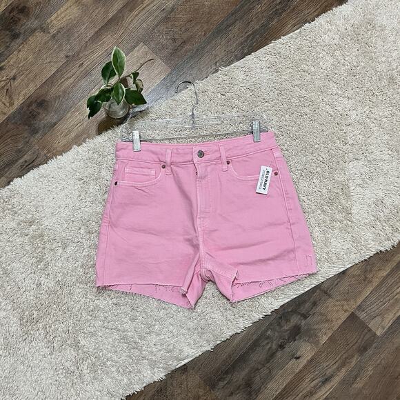 Old Navy Pink High Rise OG Straight Frayed Hem 90's Y2K Vibe Denim Shorts NWT - Picture 2 of 5